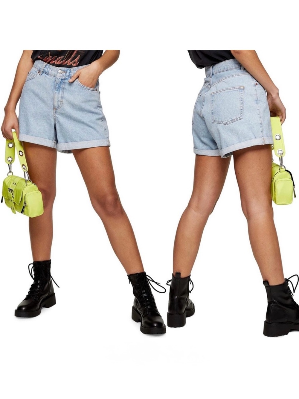 Topshop Light Wash Roll Hem Mom Jean Denim Shorts Size 14